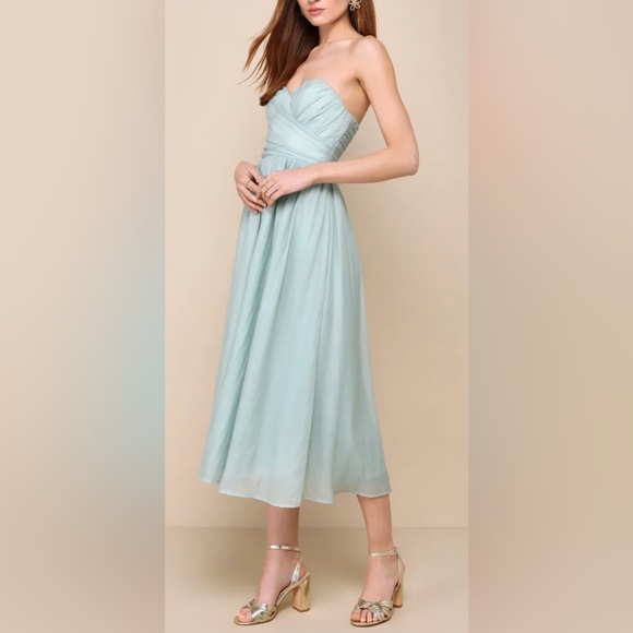 LULUS Fairytale Design Sage Green Organza Strapless A-Line Midi Dress XS NWT - Picture 2 of 14